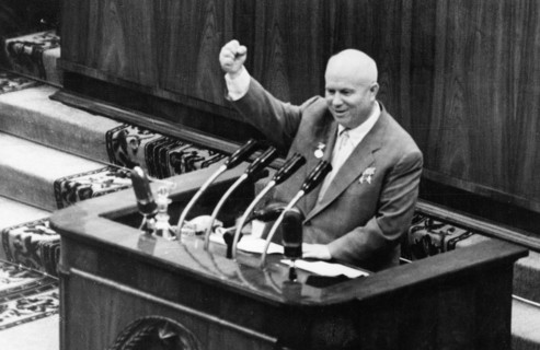 Nikita khrushchev speaking from the rostrum of the 3rd soviet writers' congress, 'long live soviet writers, loyal assistants of our party in the upbuilding of communism!', from the newspaper 'sovetska...