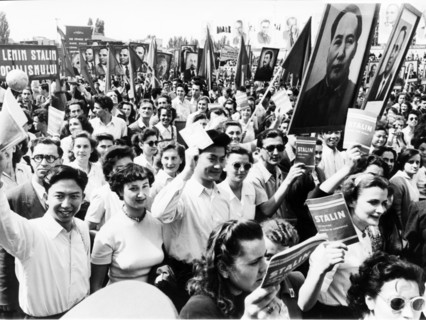 Students with mao's portrait in the may day demonstration in bucharest, in 1952.