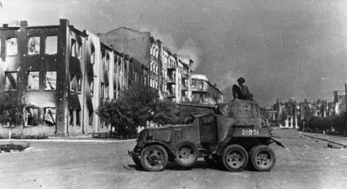 World war 2, battle of stalingrad, a soviet armored car in a stalingrad street, october 1942.