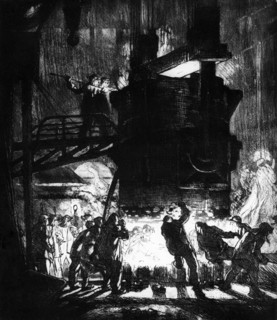 'pouring molten steel into ingot molds' - copper graphic by chen hsiao-nan.