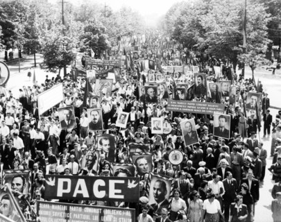 1952 may day celebration parade in bucharest.