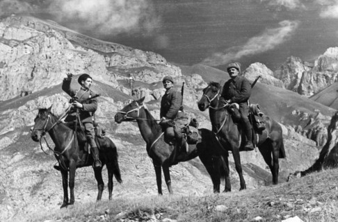 Mounted red army scouts in the mountains of the northern caucasus, november 1942, world war ll.