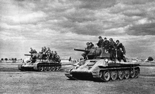 Battle of stalingrad, a soviet tank unit advancing on stalingrad.