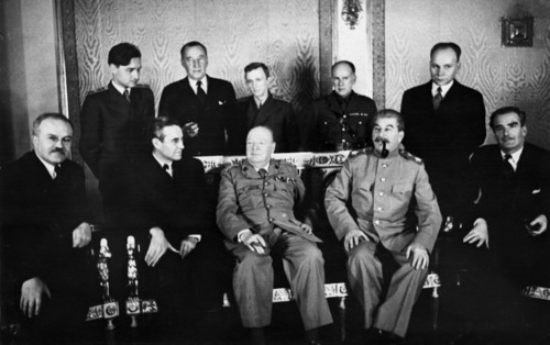 3rd moscow conference, seated, left to right: v,m, molotov, w, harriman, winston churchill, j,v, stalin, anthony eden, standing: v,m, berezhkov, sir archibald kerr, v,n, pavlov, a, birse, f, gusev, oc...