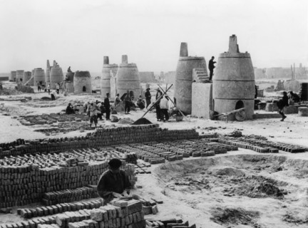 Newly-built small blast furnaces at yingshuichiao iron smelting works in chungwei county, china, great leap forward, 1950s.