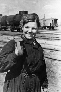 Nina shmeleva, the first woman working as a railshoe-brakeman at the leningrad railroad yards, ussr, 1940.