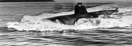 Leninsky komsomol (project 627, november class) nuclear submarine, it was the soviet union's first nuclear powered sub and the first to go to the north pole, northern fleet, ussr, 1965.