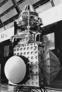 Replica of the soviet space probe, venera 3 on display at the cosmos pavilion at the exhibition of national economic achievements (vdnkh) in moscow, 1967.