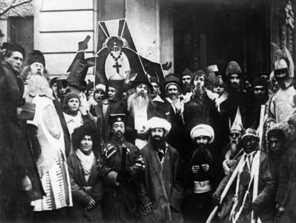 The young communist league holding an anti-religious ceremony called the komsomol christmas in moscow, 1923.