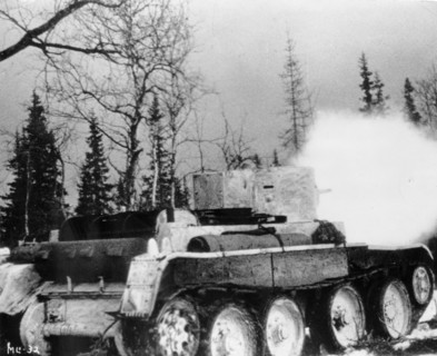 Soviet-finnish war, 1939-1940, a soviet red army tank firing, a still from the newsreel documentary film, 'mannerheim line'.