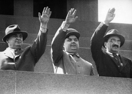 L, beria, g, malenkov, and a,mikoyan on the rostrum on lenin's tomb during a may day demonstration in red square, moscow, ussr, may 1, 1949.