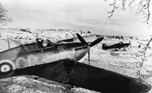 Raf hawker hurricanes ready for a flight from an aerodrome in northern russia during world war 2.