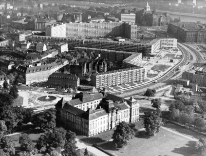 An aerial view of dresden, gdr featuring newly built residential blocks as well as reconstructed historical buildings, 1980.