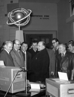Leipzig spring fair 1958, walter ulbricht and a,n, kosygin (3rd from left) looking over the exhibits in the nuclear techniques pavillion.