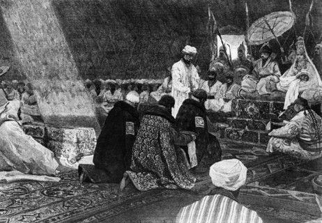 In the days of the golden horde' depiction of russians paying tribute to the tartar rulers in the 14th century, from a painting by a, f, maximov.