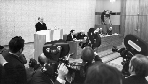 Walter ulbricht speaking at an international press conference in east berlin, january 19, 1970, he underlined the attitude of the gdr to the cause of safeguarding peace by concluding a treaty on the e...