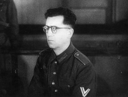 World war 2, december 15, 1943, still from a film on the kharkov trial produced by artkino, senior corporal of the auxiliary police, reinhard retzlaw, an officer of the 560th group of the german secre...