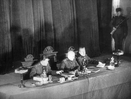 World war 2, december 15, 1943, still from a film on the kharkov trial produced by artkino, the military tribunal of the fourth ukrainian front in session at kharkov.