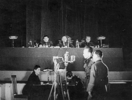 World war 2, december 13, 1943, still from a film on the kharkov trial produced by artkino, witness, obersturmbannfuhrer (major general) heinisch, testifying through interpreter kopilov.