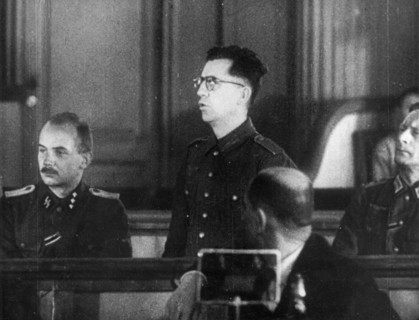 World war 2, december 18, 1943, still from a film on the kharkov trial produced by artkino, reinhard retzlaw making his last plea, he asked for mercy because he was under military orders when he commi...