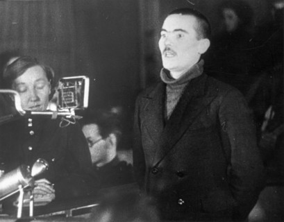 World war 2, december 18, 1943, still from a film on the kharkov trial produced by artkino, russian traitor mikhail petrovich bulanov asking for mercy so that he might atone for the crimes he committe...