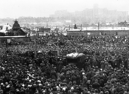 World war 2, december 19, 1943, still from a film on the kharkov trial produced by artkino, a long shot of the crowd at the execution.