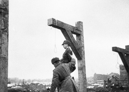 World war 2, december 19, 1943, still from a film on the kharkov trial produced by artkino, hans ritz being placed in the noose.