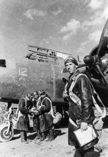 Captain vassili kuzmin, the commander of a squadron of american havoc bombers, taking a last look over his crews before take-off, world war 2.