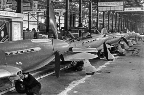 Yak-3 fighter planes being built at the 'x' aircraft works in august of 1944, world war ll.