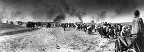 World war 2, civilian refugees and soviet troops in retreat, ukraine 1941.