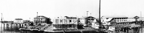 New housing being built at neftyanye kamni (oil rocks), an oil workers settlement on the caspian sea in azerbaijan, ussr, june 1953.