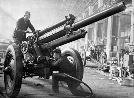 Final assembly operations at a weapons factory in the urals, 1942.