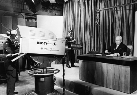 Nikita khrushchev, chairman of the ussr council of ministers, making an appearance on american television during his visit to the united states at the invitation of president eisenhower in september 1...