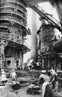World war 2, soviet civilians, many of them women, restoring the foundry shop of the 2nd blast furnace of the petrovsky plant in dniepropetrovsk.