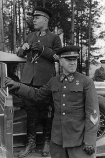 Marshal timoshenko and general georgy zhukov during military maneuvers, fall 1940.