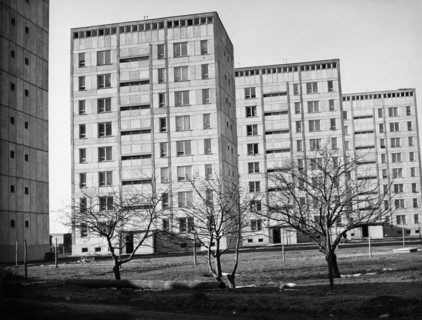 A housing project on krakow avenue in warasaw, poland constructed using an experimental method called 'dominoes' from precast units, 1962.