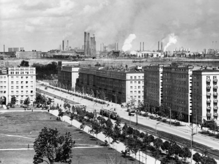A view of nowa huta with the lenin steel works in the background, poland, june 1965.