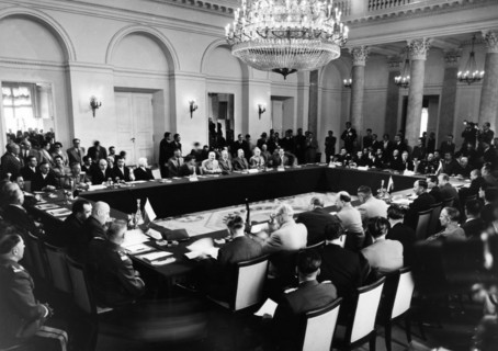 The conference hall during the warsaw conference for securing peace and security in europe (warsaw pact), 1955.