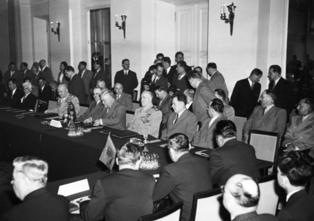 The soviet delegation in the conference hall during the warsaw conference for securing peace and security in europe (warsaw pact), 1955.