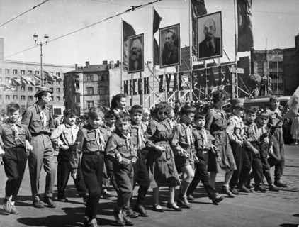 Polish young pioneers marching on may day in warsaw, poland, may 1, 1958.