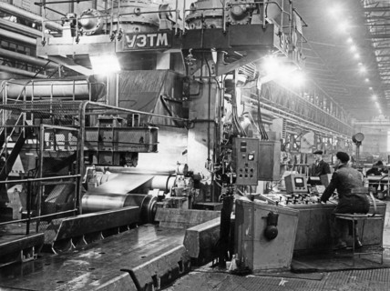 A sheet metal rolling mill at the lenin steel works built with soviet machinery, nowa huta, poland, 1965.