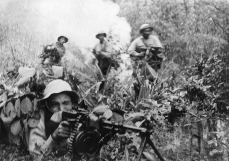 Tet offensive, south vietnamese plaf (people's liberation armed forces) soldiers firing on enemy troops in south vietnam, 1968.