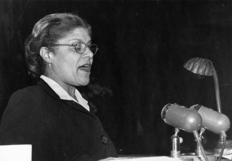 Council of women's international democratic federation holds session in moscow, november 1949, eslanda robeson, vice-president of the american women's congress, addressing the session.