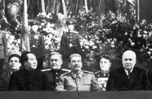Communist leaders from two continents at the bolshoi theater in moscow at a meeting in honor of josef stalin's 70th birthday on december 21, 1949, (left to right: suslov, mao zedong, bulganin, stalin,...