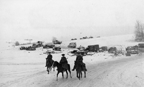 World war 2, abandoned automobiles along the route of the german retreat, january 1942.