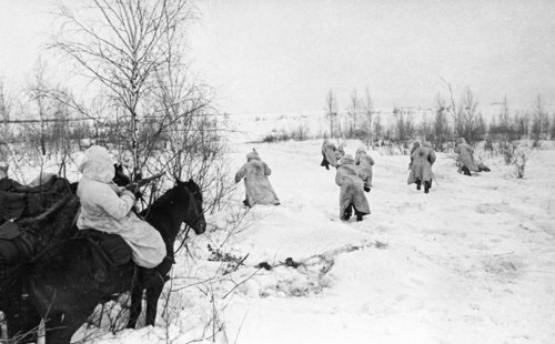 Dismounted soviet cavalry troops attacking german lines, march 1942, ww  2.