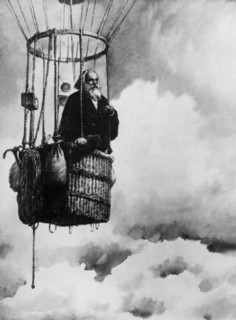 A drawing showing dimitri ivanovich mendeleev making a balloon flight in 1887 to study the upper strata of the atmosphere.