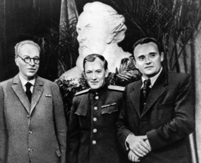 Scientist a, blagonravov and rocket designers mikhail tikhonravov and sergei korolev during celebrations on the occasion of the 90th birthday of konstantin tsiolkovsky, the founder of cosmonautics, a ...