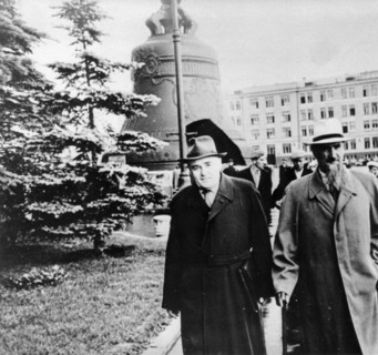 Sergei korolev and igor kurchatov in the kremlin, moscow, a reproduction from 'designer of spaceships' by a, romanov, gospolitizdat publishing house, 1968.