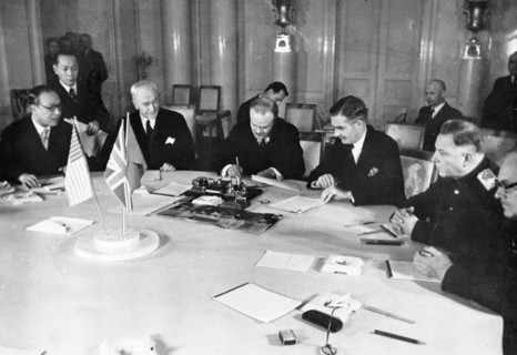 Third moscow conference, 1943, the four signatories to the moscow declaration (left to right): foo ping-sheung, mr, cordell hull, vyacheslav molotov, mr, anthony eden, marshal klementi voroshilov look...